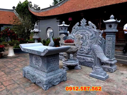 Bộ đồ thờ bằng đá đẹp gồm bàn thờ, lư hương, đèn đá, chóe đá chế tác tại Ninh Bình